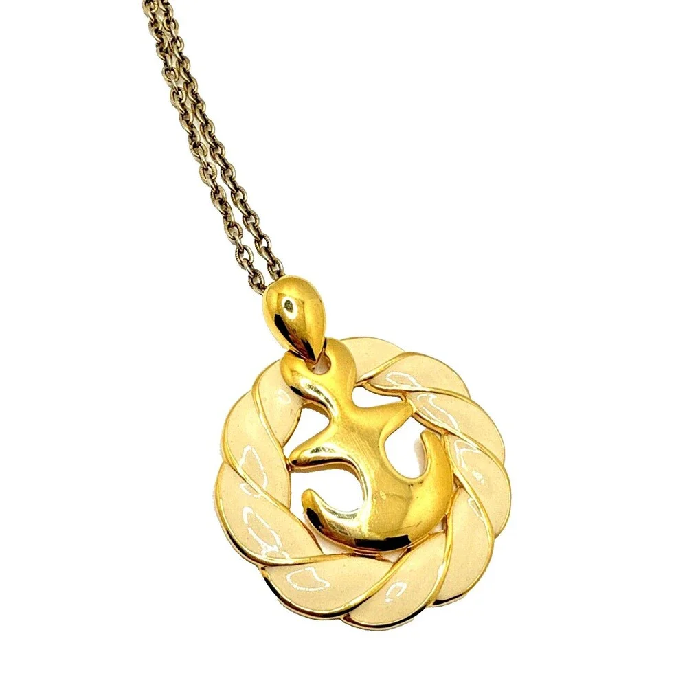 Vintage NAPIER Anchor Pendant Necklace Gold Tone Enamel Nautical Navy Signed 32